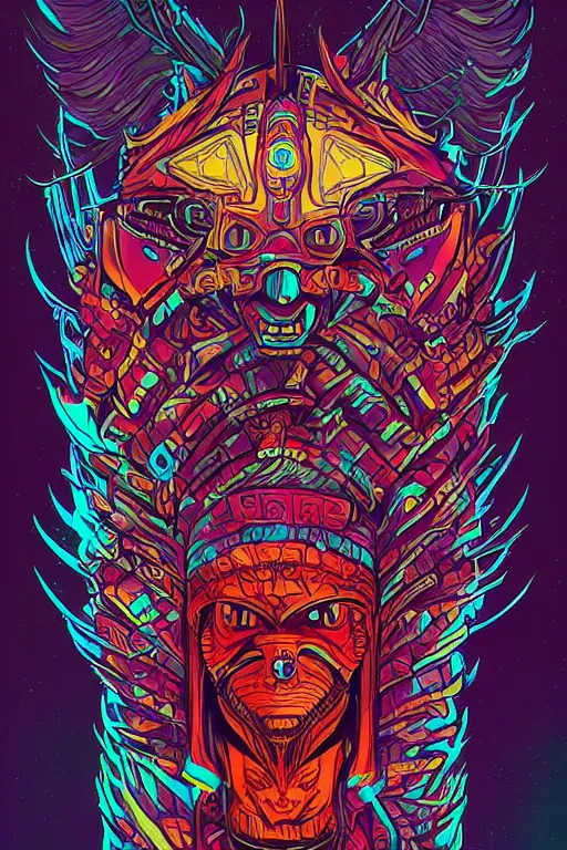 Image similar to totem animal tribal chaman vodoo mask feather gemstone plant wood rock video game illustration vivid color borderlands by josan gonzales and dan mumford radiating a glowing aura