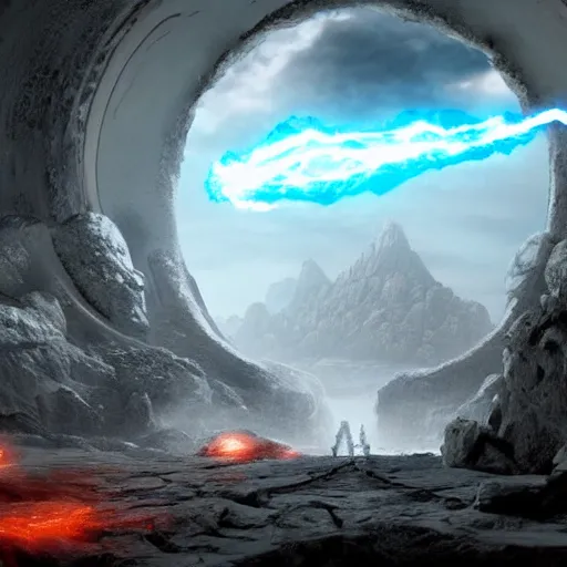 Image similar to comic book scene of an epic portal being exited by a god, cinematic, realistic, beautiful scenery, matte painting, highly detailed, octane render, unreal engine