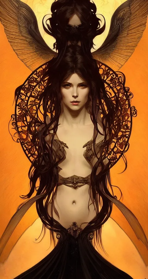 Image similar to A portrait of A beautiful! angel in black flames!! by Ross Tran!!! and alphonse mucha and greg rutkowski! and gustav doré!,In style of digital art illustration.Symmetry.Highly detailed face.Fantasy,smooth,hyper detailed,sharp focus,Soft light.trending on artstation.4k