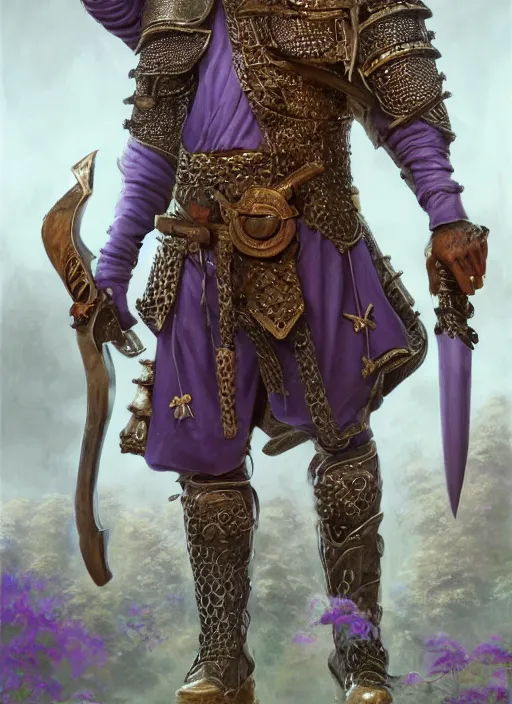 Image similar to snoop dogg as an archer, short beard, grumpy, intricate plate armor with purple accents, Ivan Aivakovsky, Boris Vallejo, epic fantasy character art, D&D Concept Art, full length, Realistic, Regal, Refined, Detailed Digital Art, Oil Paining, Exquisite detail, post-processing, masterpiece, Cinematic Lighting, Unreal Engine, 8k, HD, Stanley Artgerm Lau, WLOP, Rossdraws, Frank Frazetta, Andrei Riabovitchev, Marc Simonetti, trending on artstation,