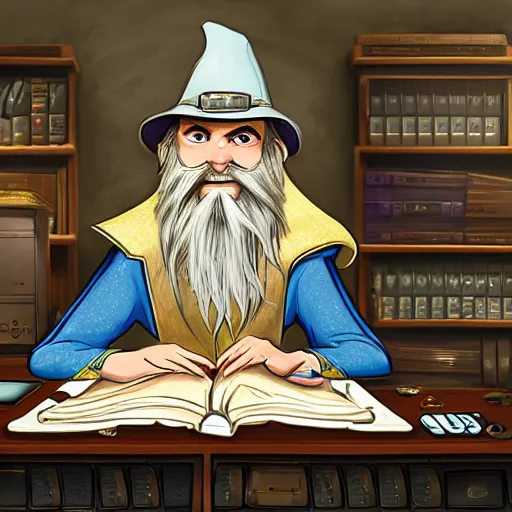 Image similar to A blond bearded D&D wizard in a wide brimmed hat using magical computer equipment at a desk cluttered with tomes, Pathfinder D&D character portrait