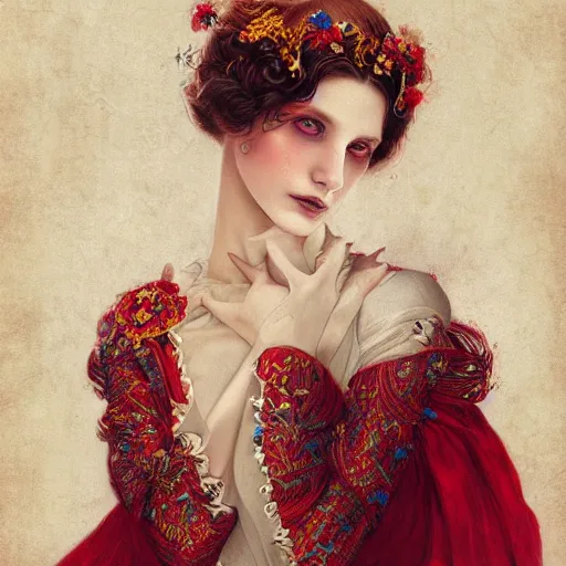 Image similar to beautiful brunette lady in white embroidered shirt, national costume of venezuela, filigree crown with red, blue and yellow textile orchid flowers, intricate, elegant, digital painting, art nouveau, soft, soft, focus, edge light, charlie bowater, tom bagshaw, greg rutkowski