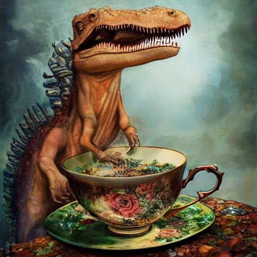 Image similar to long shot of tyrannosaurus rex sitting in a romantique tea cup, by esao andrews, by m. w. kaluta, harmonic composition, volumetric light, fresh colors, humorous oil painting, realistic reflections, smooth, concept art, depth perception, high depth of field, 4 k, unreal engine 5, ultradetailed, hyperrealistic, trending on artstation