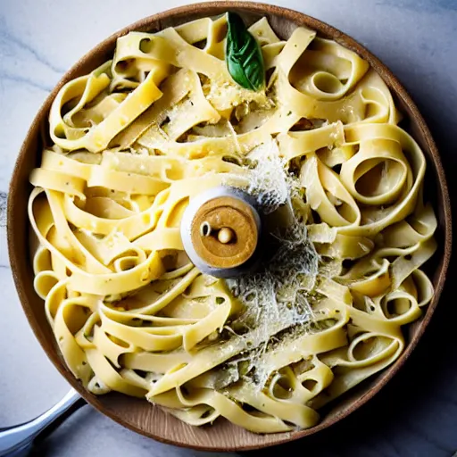 Prompt: a creamy fettuccine pasta in a parmesan cheese wheel,olive oil, food photography