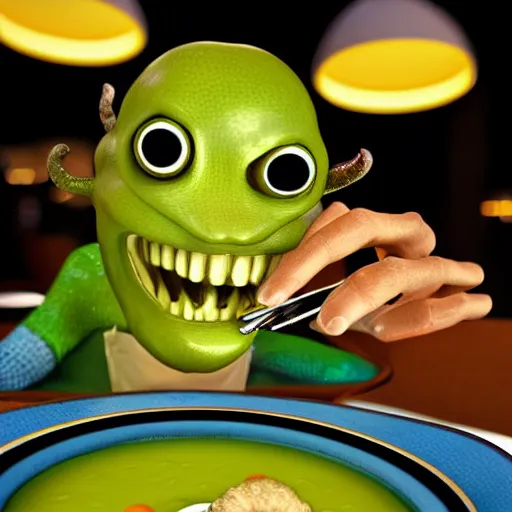 Prompt: a modernized alien enjoying himself a bowl of split pea mushroom soup a 5 star restaurant in the bronx, photorealistic, highly detailed, photography, refined spontaneity