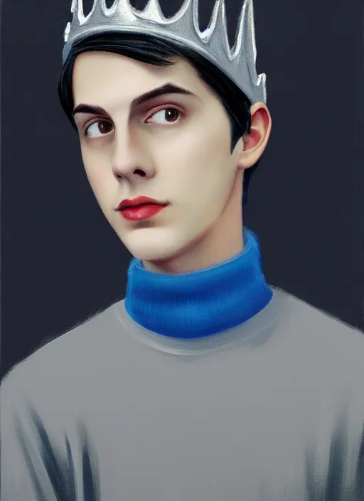 Image similar to portrait of teenage jughead jones wearing a light grey crown, crown, blue turtleneck, 1 9 5 0 s, closed eyes, photorealistic, black hair, glowing lighting, intricate, elegant, glowing lights, highly detailed, digital painting, artstation, concept art, smooth, sharp focus, illustration, art by wlop, mars ravelo and greg rutkowski