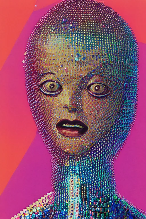 Image similar to risograph grainy drawing vintage sci - fi, satoshi kon color palette, gigantic beautiful bejeweled armored woman full - body covered in colourful gems, 1 9 6 0, kodak, metal wires, natural colors, codex seraphinianus painting by moebius and satoshi kon and alberto mielgoб extreme close - up portrait