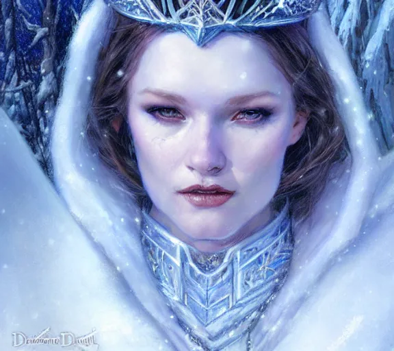 Image similar to The Ice Queen, beautiful young woman, snow, ice, cinematic, hyperdetailed | donato giancola, ralph horsley, Artem Demura | waist-up portrait | dungeons and dragons