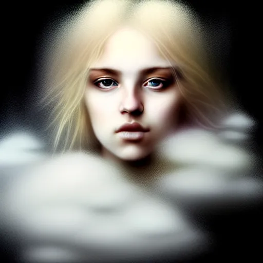 Image similar to beautiful face portrait of a youthful ( blonde, emo, bosnian ) woman covered in fluffy clouds, looking straight at, gorgeous eyes, by casey baugh,, vladimir kush, yasunari ikenaga, yasar vurdem, william oxer