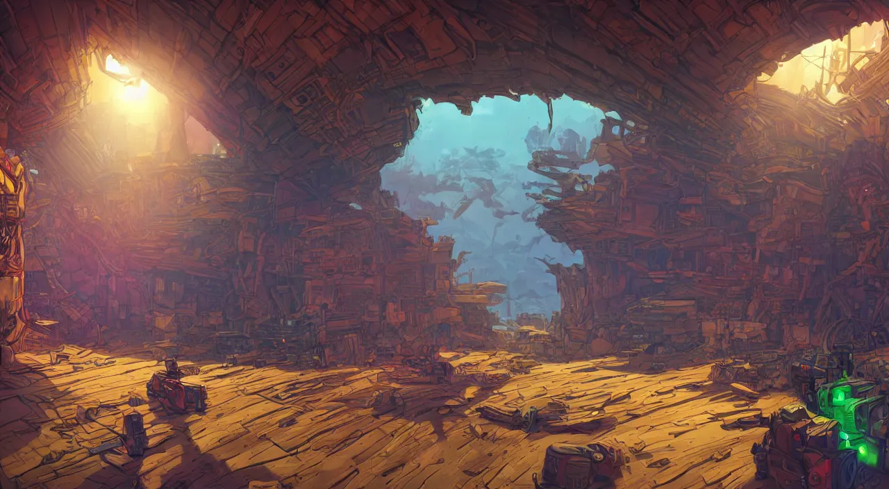 Image similar to open door wood wall fortress airship greeble block amazon jungle on portal unknow world ambiant fornite colorful radiating a glowing aura global illumination ray tracing hdr that looks like it is from borderlands and by feng zhu and loish and laurie greasley, victo ngai, andreas rocha, john harris