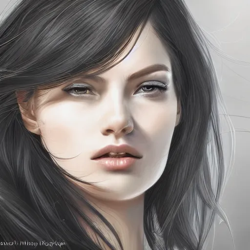 Prompt: A portrait of an attractive young female with beautiful long black hair, wind blowing and hair flowing , intricate, highly detailed, elegant, digital painting, trending on artstation