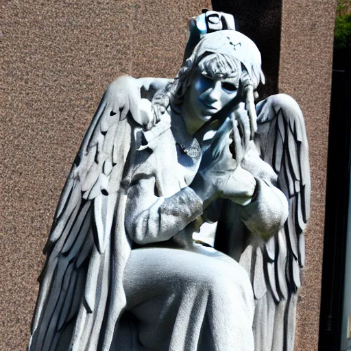 Prompt: a weeping angel statue from doctor who (2005) dressed in a tuxedo and wearing a fedora, hd, 8k, highly detailed