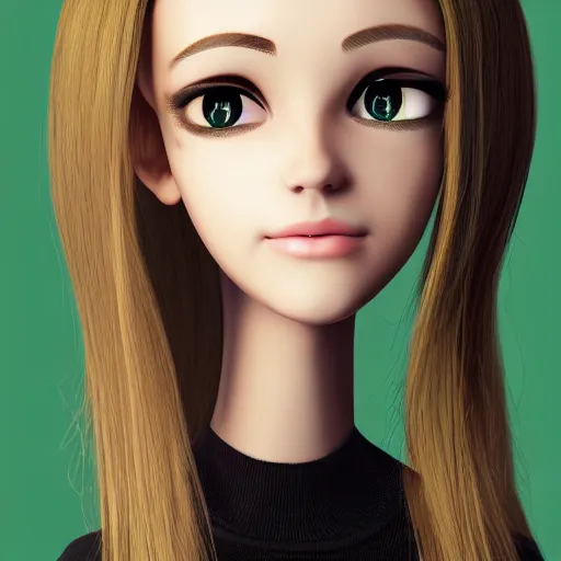 Prompt: brunette with dyed blonde hair, 18 years old, 155 cm tall, flat ironed hair, green big eyes, small nose, small mouth, diamond shaped face, big forehead, lop eared, full body shot, photorealistic