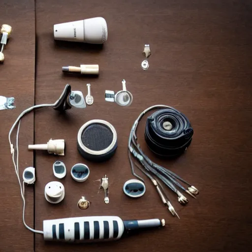 Prompt: a microphone taken apart and all its parts laid out neatly on a table