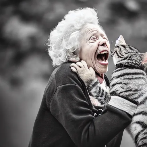 Image similar to elderly woman screaming at a cat, canon eos r 3, f / 1. 4, iso 2 0 0, 1 / 1 6 0 s, 8 k, raw, unedited, symmetrical balance, wide angle