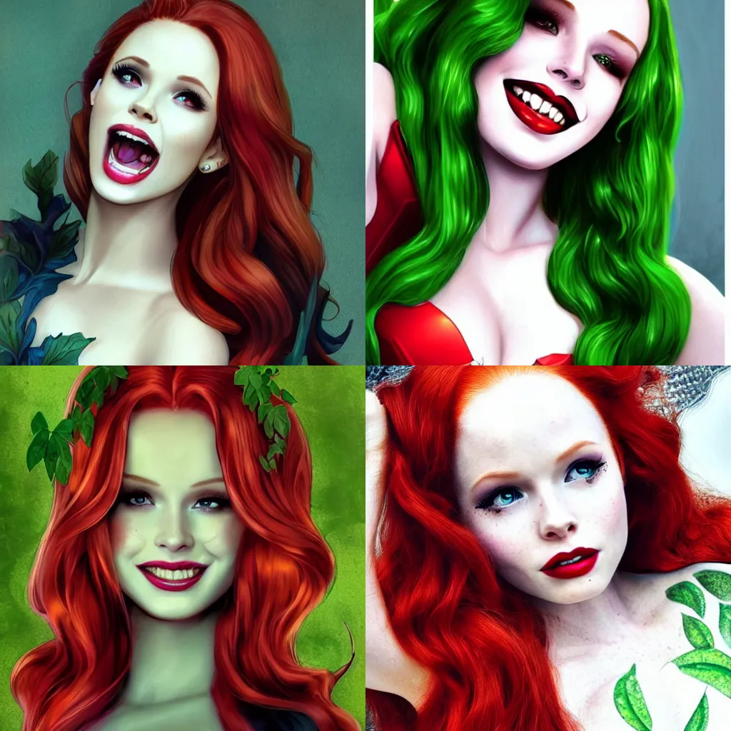 Image similar to vampire beautiful Madelaine Petsch poison ivy DC comics taking a selfie, evil smile, realistic character concept, medium shot, fun pose, comic book, illustration, slender symmetrical face and body, artstation, cinematic lighting, hyperdetailed, cgsociety, 8k, high resolution, Charlie Bowater, Tom Bagshaw, single face, insanely detailed and intricate, beautiful, vfx, postprocessing