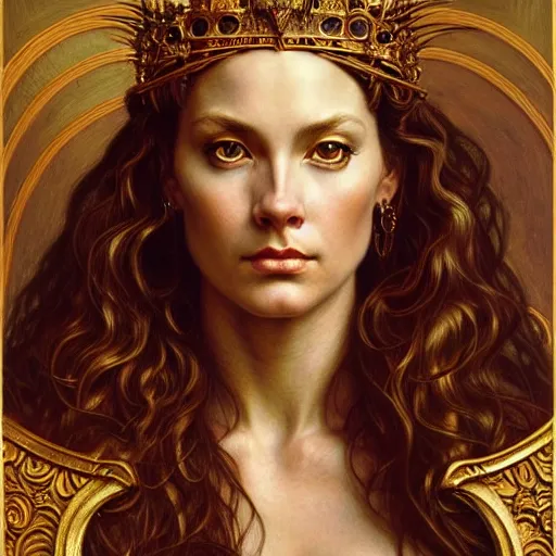 Image similar to highly detailed portrait of a majestic lioness queen in the form of a beautiful woman. d & d, art by donato giancola and evelyn de morgan and eugene delacroix and frank frazetta. trending on artstation, intricate details, energetic composition, golden ratio, concept art, illustration, elegant art, global illuminaition