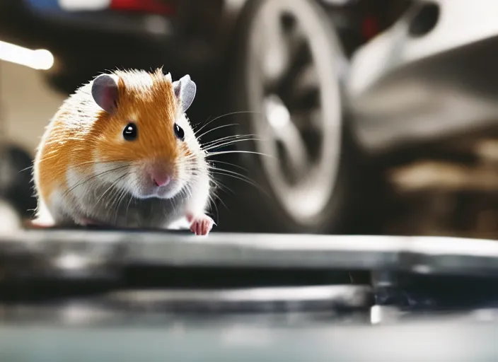 Image similar to film still of a hamster working as a mechanic in an auto shop, 8 k