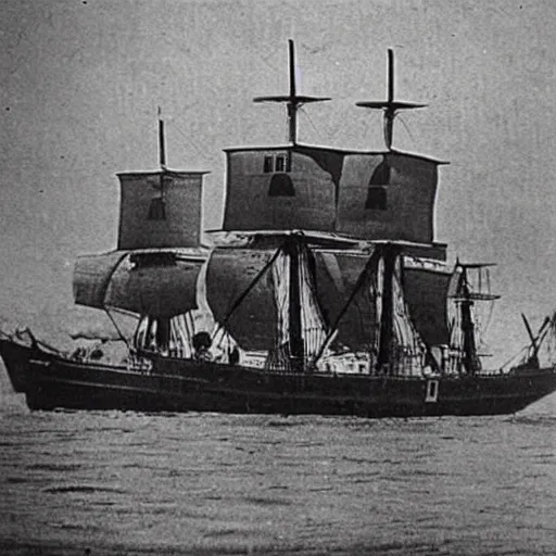 Image similar to an impossibly huge pirate ship. 1910s photograph