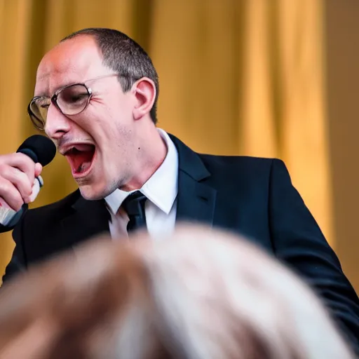 Image similar to a fox animal dressed in a suit giving a presidential speech, 8 5 mm f / 1. 4