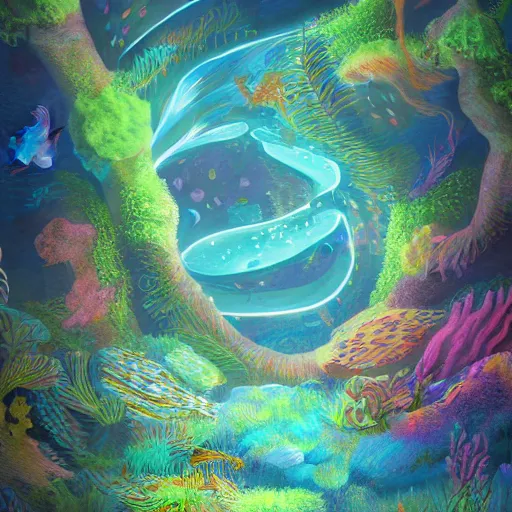 Prompt: landscape art of an infinite aquarium with bioluminescent digital life, liminal space, digital art trending on Artstation