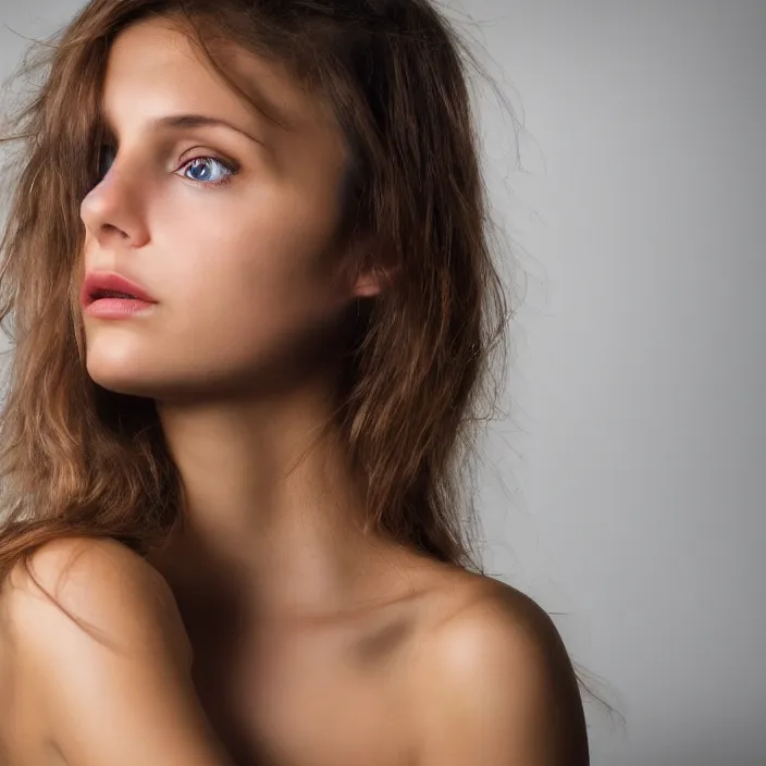 Image similar to photographic Close-up face of a extremely beautiful girl with light brown hair , high light on the left, non-illuminated backdrop, illuminated by a dramatic light, Low key lighting, light dark, High constrast, dramatic , Steve Mccurry, Craig Mulins ,dark background, high quality, photo-realistic, 8K,