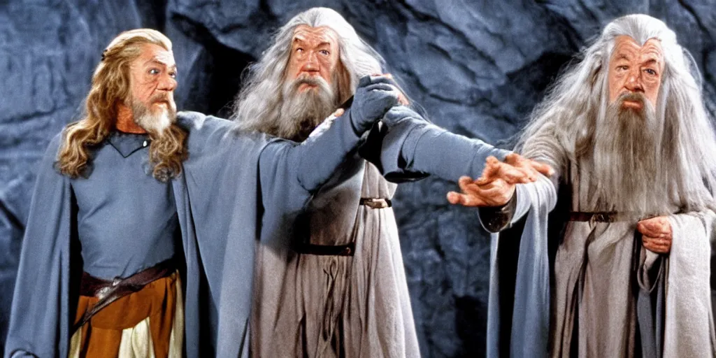 Prompt: Gandalf in the role of Captain Kirk in a scene from Star Trek the original series