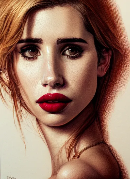 Prompt: close up portrait of emma roberts, oil painting by tomasz jedruszek, cinematic lighting, pen and ink, intricate line, hd, 4 k, million of likes, trending on artstation