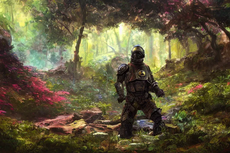 Prompt: an armored man finding a colorful hotspring deep in the forest, oil painting, highly detailed, featured on artstation