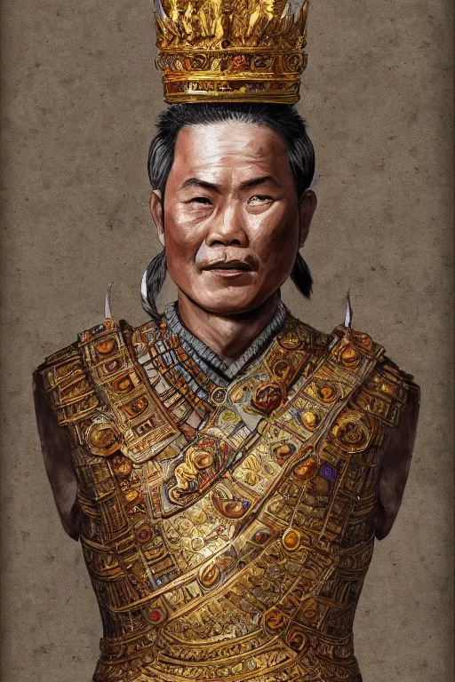 Prompt: full body portrait of king ramkhamhaeng the great, leather armor, tai ethnic group leader, emotional movement in the battle, highly detailed, digital painting, watercolor, artstation, concept art, smooth, sharp focus, illustration