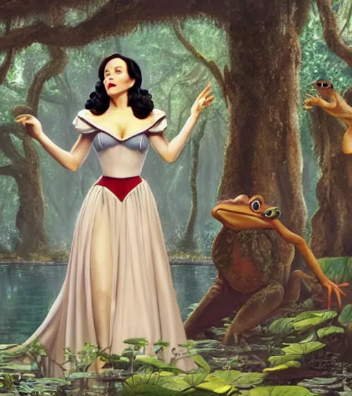 Image similar to film still of Monica Bellucci as snow white in a forest by a pond with frogs, by artgerm, makoto sinkai, magali villeneuve, Gil Elvgren, Earl Moran,Enoch Bolles, symmetrical,