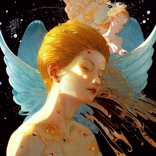 Image similar to prompt : angel women with golden wings soft light painted by james jean and katsuhiro otomo and erik jones, inspired by akira anime, smooth face feature, intricate oil painting, high detail illustration, sharp high detail, manga and anime 1 9 9 9