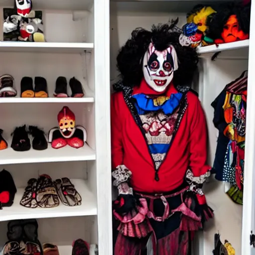 Image similar to photo of a scary clown hiding in your closet
