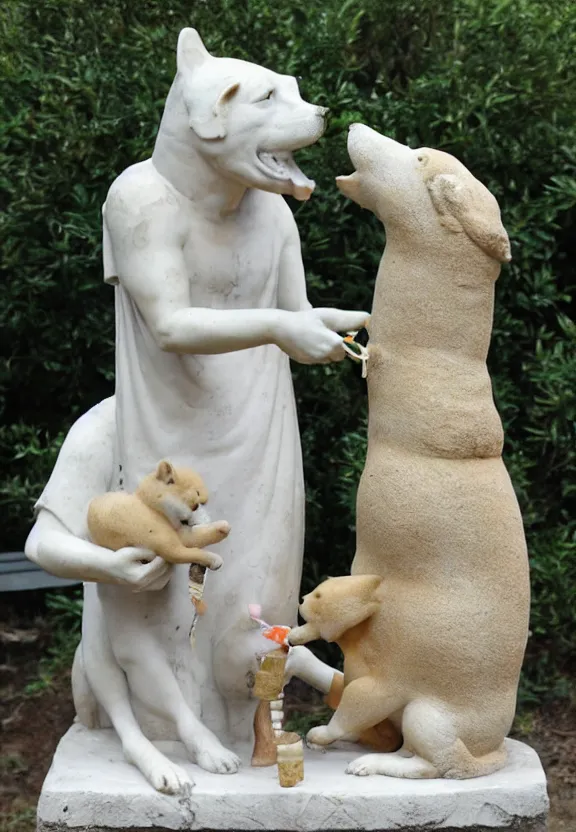 Image similar to ancient roman statue of a shiba inu feeding its young