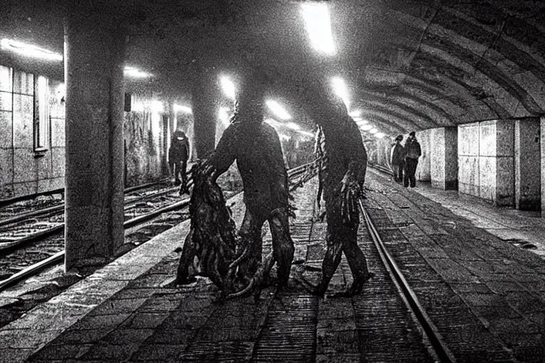 Image similar to very large giant mutant zombie irradiated an ifected with cancer and worms angry rat staying on railways in tonnel of moscow subway. extreme high detail, very realistic. low dark light, scary mood.