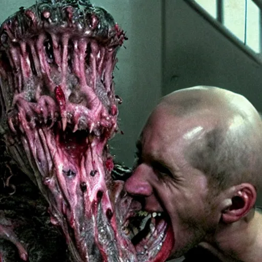 Image similar to a demonic vile grotesque disturbing disgusting horror visceral creature eating a human, inspired by the thing, david cronenberg