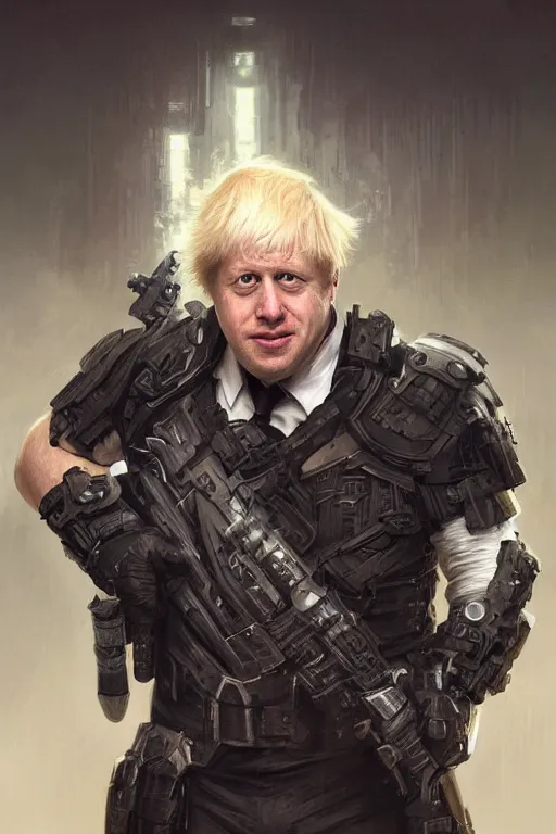 Image similar to Boris Johnson as Punisher, armor plate, realistic portrait, symmetrical, highly detailed, digital painting, artstation, concept art, smooth, sharp focus, illustration, cinematic lighting, art by artgerm and greg rutkowski and alphonse mucha