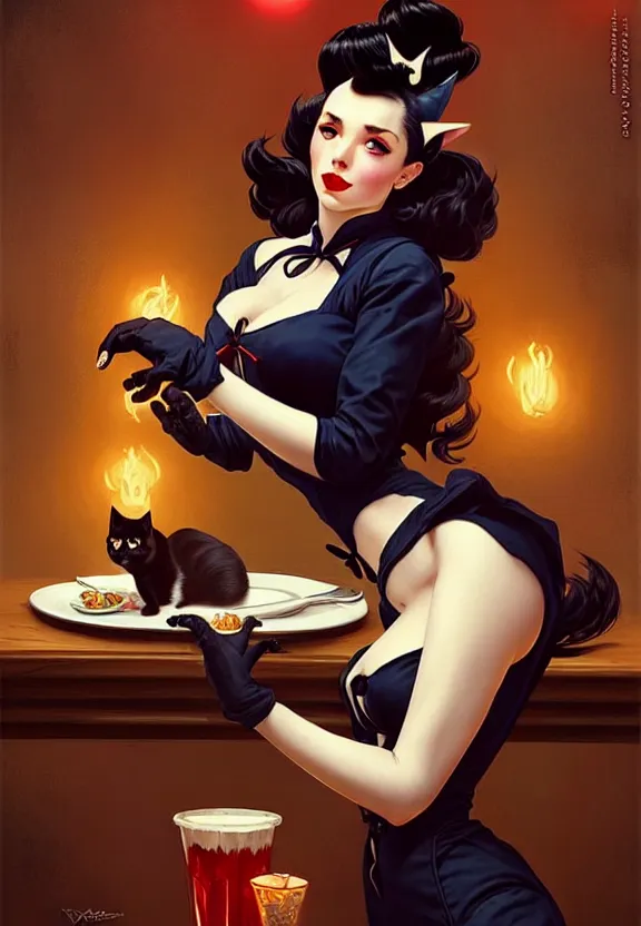 Prompt: Necromancer waitress of a small 50’s style diner holding a cat, fantasy magic, dark pin-up style hair, dark light night, intricate, elegant, sharp focus, illustration, highly detailed, digital painting, concept art, matte, art by WLOP and Artgerm and Greg Rutkowski and Alphonse Mucha, masterpiece