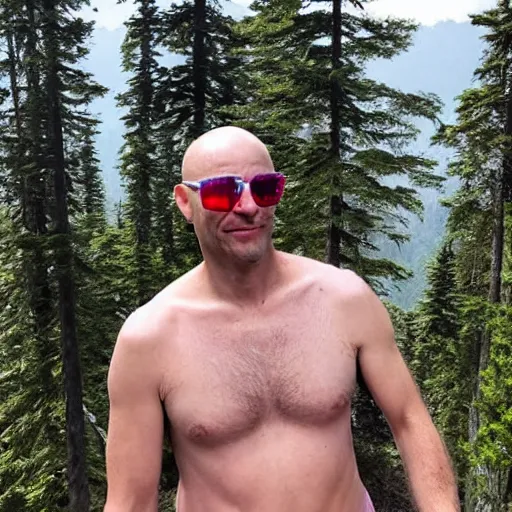 Prompt: 4 0 - year - old, french man from louisiana, shaved bald head, surprised frown, thin build, climbing mountain in washington, wearing sunglasses