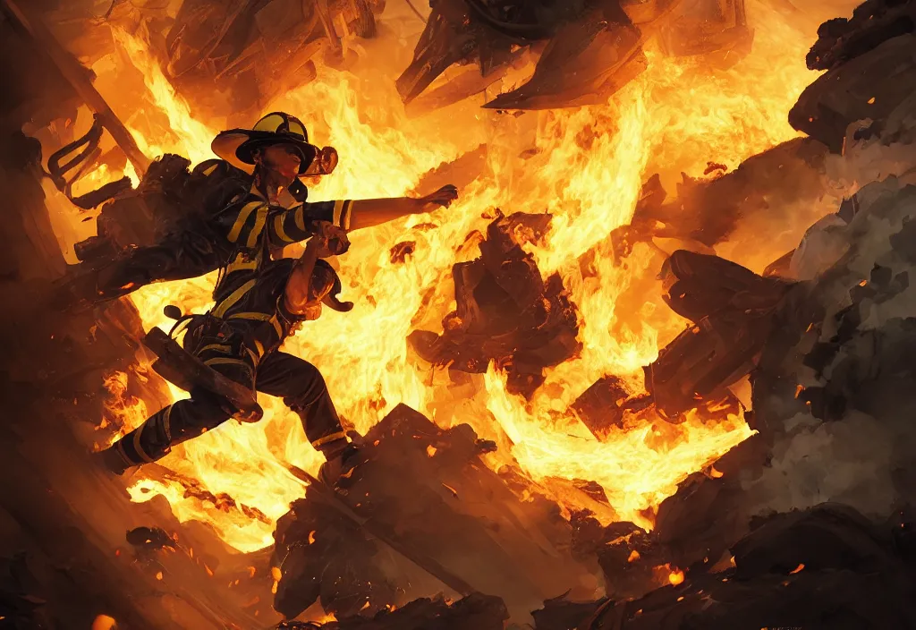 Image similar to heroic firefighter in action in black and yellow uniform, fire flames, sharp details, sharp focus, elegant, highly detailed, illustration, by jordan grimmer and greg rutkowski and pine ( ハイネ ) and 薯 子 imoko and 香 川 悠 作 and wlop and maya takamura, intricate