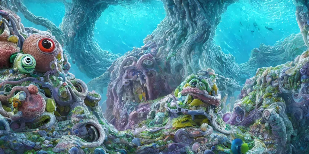 Image similar to of an intricate sea reef with strange cute friendly happy creatures with huge eyes, mouth, long tongue, round teeth and goofy face, appearing from the background, in the style of gehry and gaudi, macro lens, shallow depth of field, ultra detailed, digital painting, trending artstation, concept art, illustration, cinematic lighting, photorealism, epic, octane render