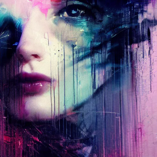 Image similar to glitchart of a young woman lucid dreaming in cyberspace photoreal, atmospheric by jeremy mann francis bacon and agnes cecile, ink drips paint smears digital glitches