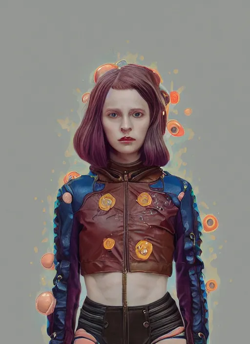 Image similar to skintight leather jacket : : by martine johanna and simon stalenhag and chie yoshii and casey weldon and wlop : : ornate, dynamic, particulate, rich colors, intricate, elegant, highly detailed, centered, artstation, smooth, sharp focus, octane render, 3 d