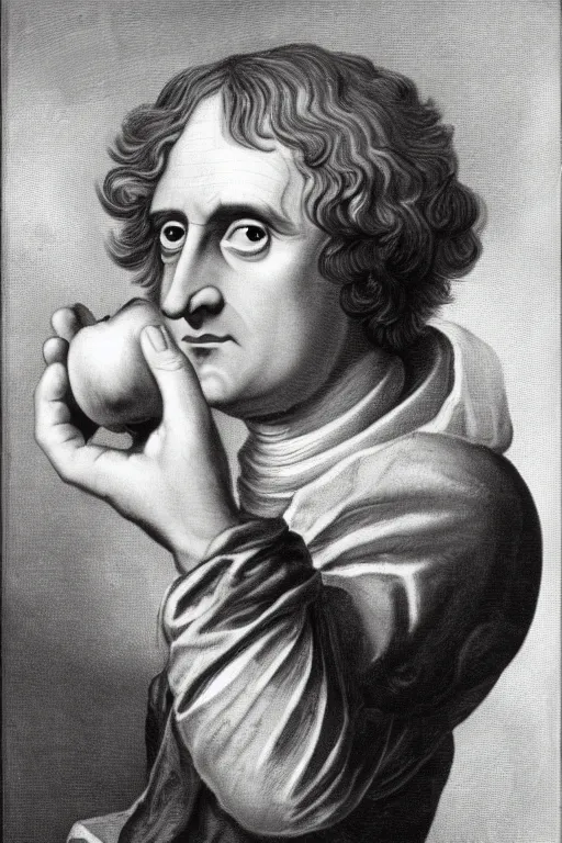 Image similar to isaac newton holding an apple, collage