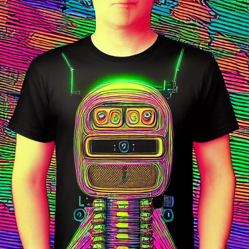 Image similar to a black tshirt with a hyperdetailed portrait of a cyberpunk robot by robert crumb, 8 k, symetrical, flourescent colors, happy trippy mood, multicolored,