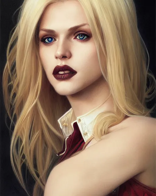 Image similar to portrait of a blonde vampire, dark, piercing eyes, gentle expression, elegant clothing, photorealistic, highly detailed, artstation, smooth, sharp focus, art by michael whelan, artgerm, greg rutkowski and alphonse mucha