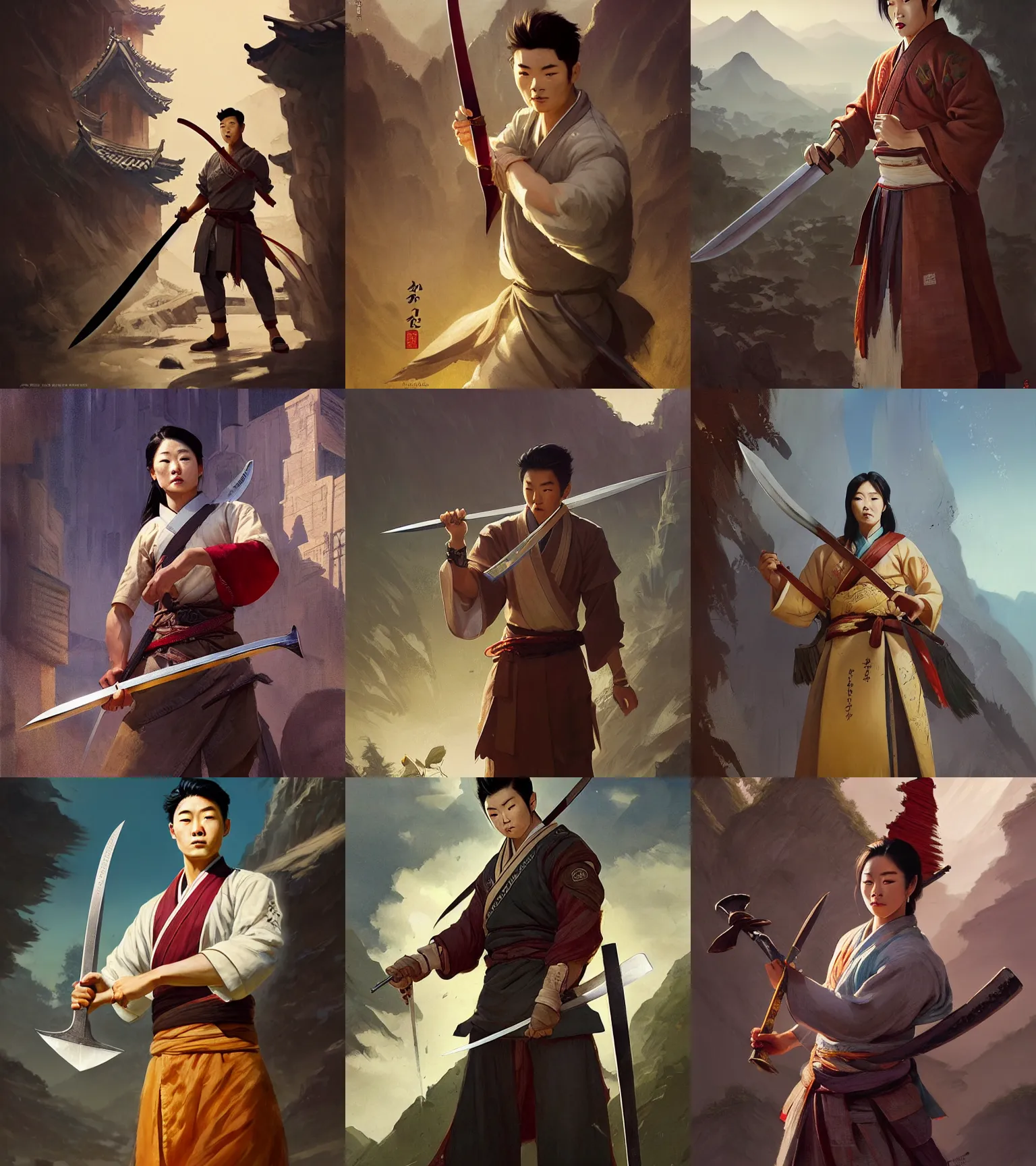Prompt: a portrait of arden cho chef character holding a thin korean sword in a scenic korean city environment by marco bucci and greg rutkowski and frank frazetta, sharp focus, detailed, cinematic, hanbok