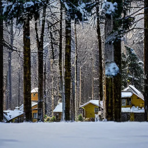 Prompt: national geographic photo of cute soviet block of flats in forest by ivan shishkin, bokeh