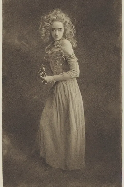 Prompt: daguerreotype portrait of julia garner as a baroque steampunk pyromancer by alan lee and denis forkas