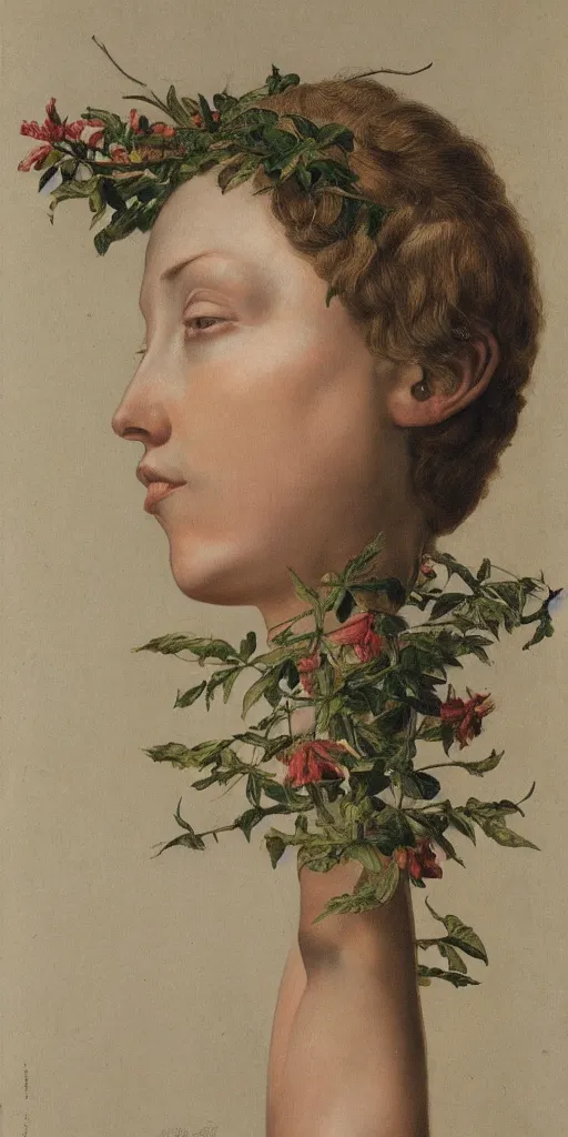 Prompt: the figure of a woman with many heads growing from the stem of a flowering plant, highly detailed, hyperrealism